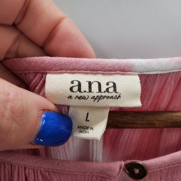 A.n.a Womens Pink White Tie Dye Striped Blouse Top Sz L Long Sleeve Keyhole Neck - Picture 10 of 14